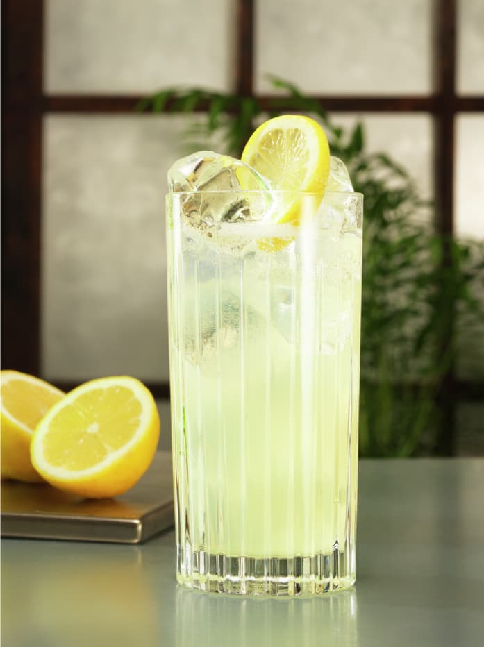 A close up shot of a Tom Collins cocktail in a collins glass with two lemon slices in the background.